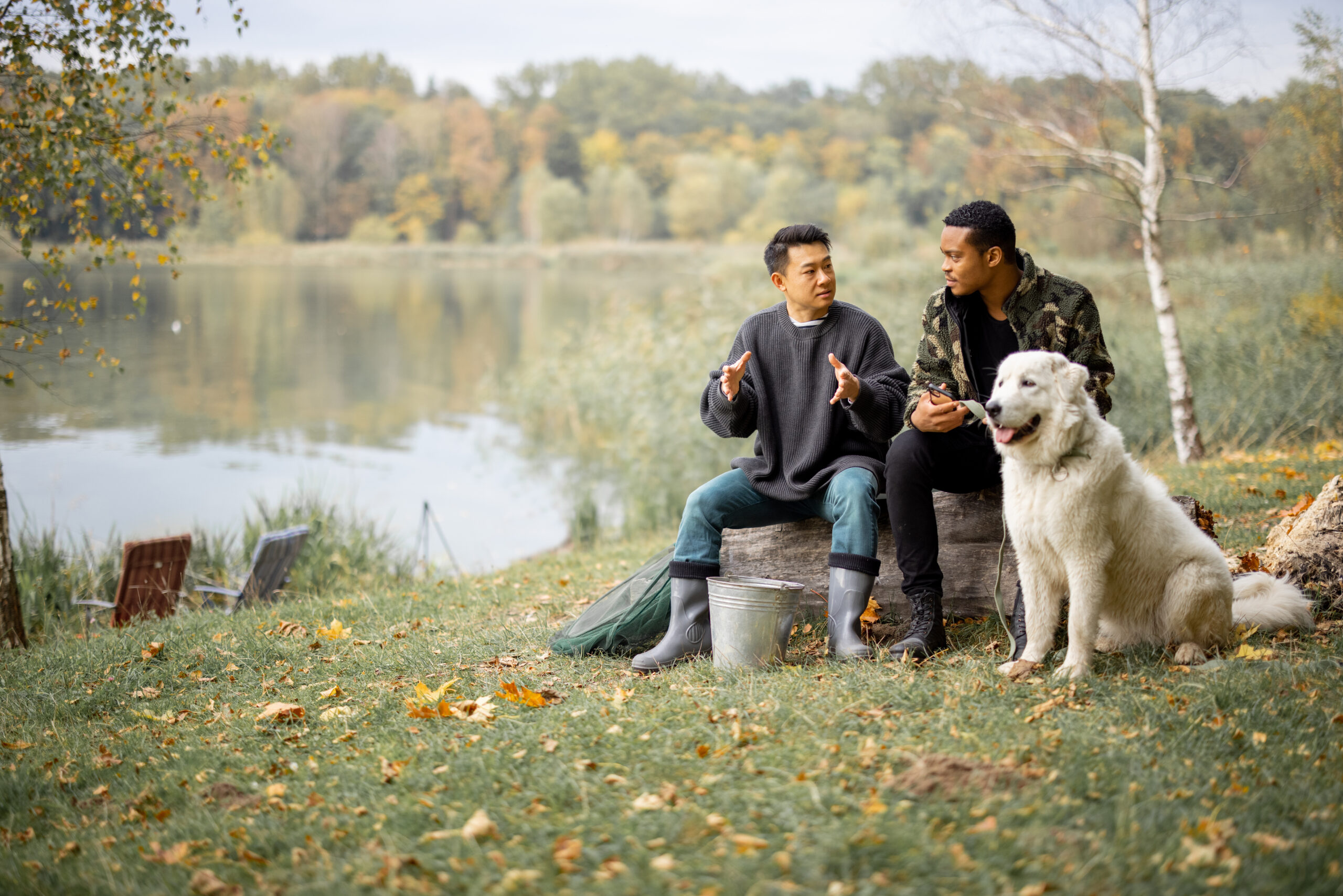 Multiracial male friends talking while sitting on fallen tree near Maremmano-Abruzzese Sheepdog on lake or river coast. Concept of rest and weekend in nature. Idea of friendship. Autumn day